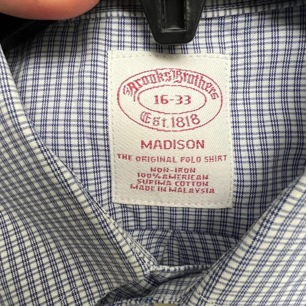 Brooks Brothers Dress Shirt Mens 16-33 Blue Good Madison Non-Iron Gingham Check‎